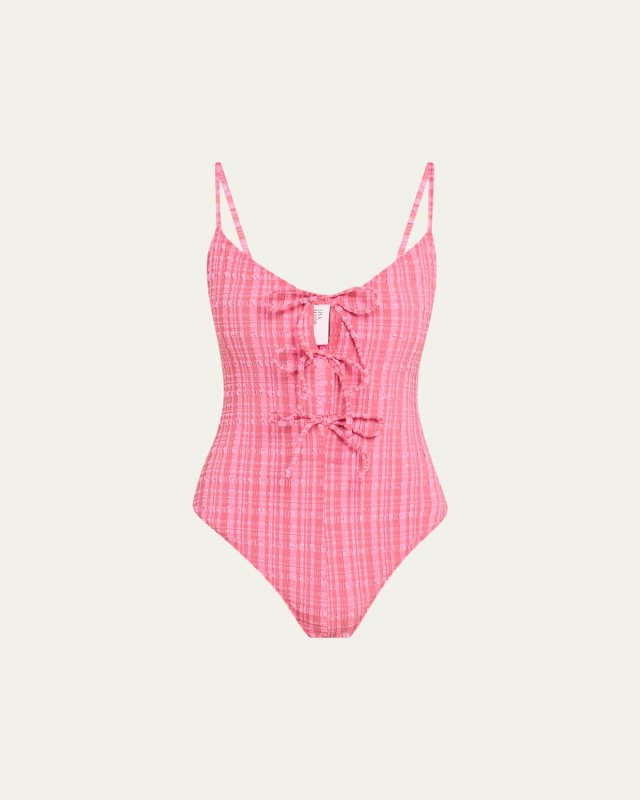 Striped Seersucker Three Tie One-Piece Swimsuit